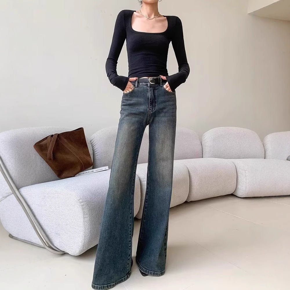 Retro Washed Blue Women's Micro-pull Mop Jeans