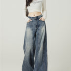 Retro Blue High Street Loose Wide Leg Jeans For Women