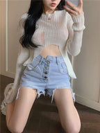 Summer Ladies Irregular Ripped Raw Edge Jeans