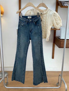 High-waisted, High-elastic, Slim-fitting, Brushed-color, Split-flared Jeans