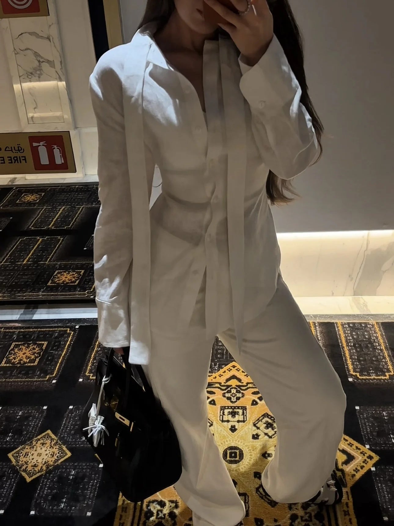 White Linen Tie Long Sleeve Shirt