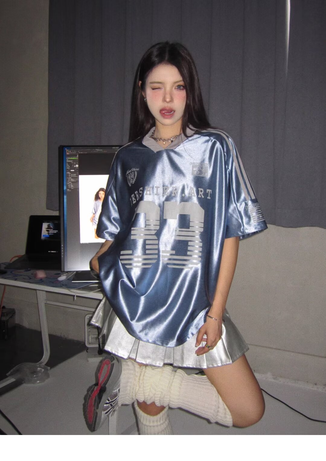 Retro V-neck Splicing Letter Print Short-sleeve