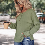 Crew Neck Casual Green Button Jacquard Sweater