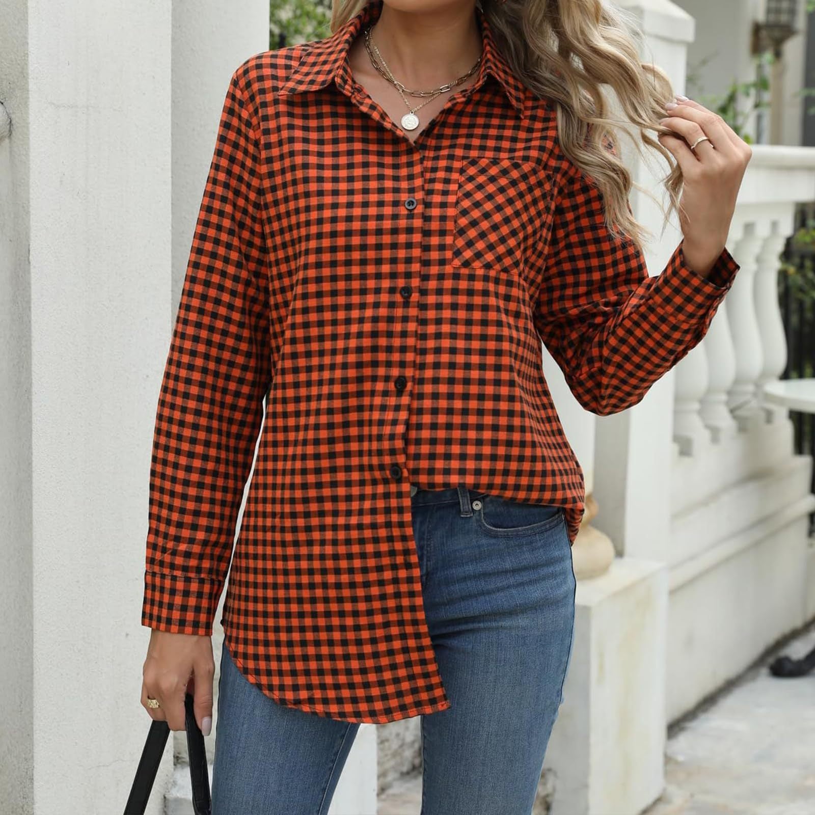 Printed Plaid Lapel Loose Long-sleeve Shirt Plaid Shirt
