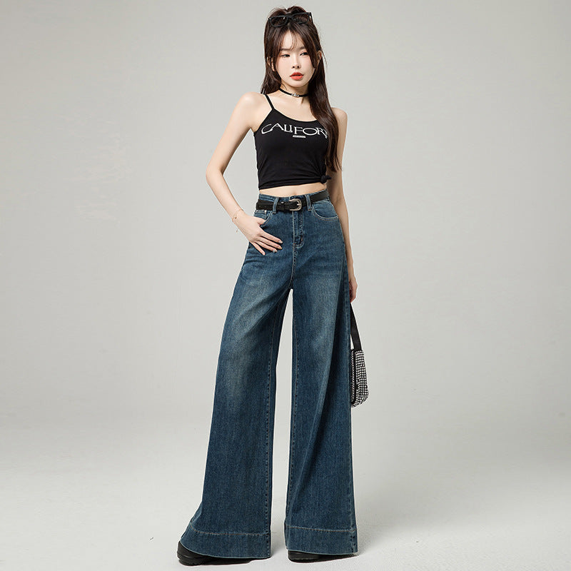 Dark Blue Narrow Version Korean Simple High Waist Loose Small Mop Wide Leg Pants