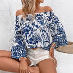 Women's Off-shoulder Shoulder-baring Floral Print T-shirt Top