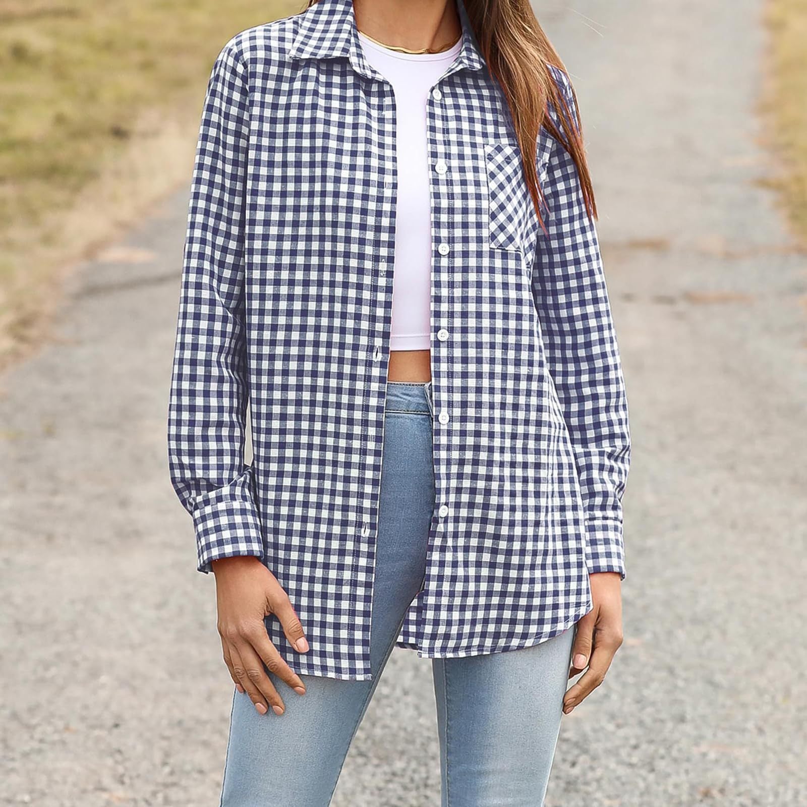 Printed Plaid Lapel Loose Long-sleeve Shirt Plaid Shirt
