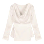 High-end Irregular Bell Sleeve Waist-tight Graceful Satin Long Sleeve Shirt